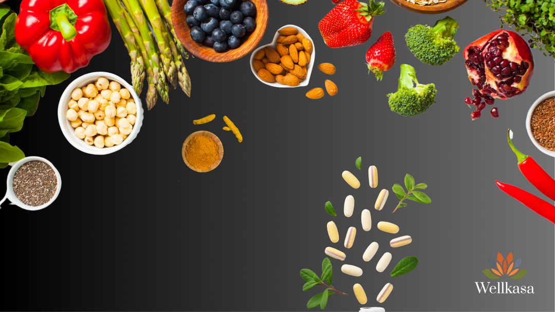 Healthy fruits and vegetables with Wellkasa logo and supplement pills