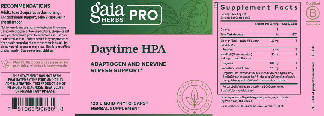 Daytime HPA 120 Capsules by Gaia Herbs/ Professional Solutions Label 1