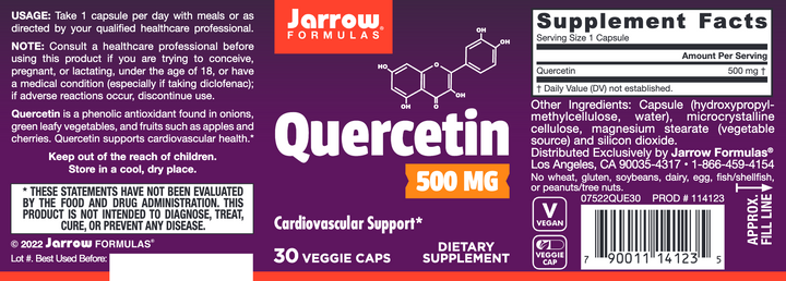 Quercetin 500mg 30 Capsules by Jarrow Formulas Label