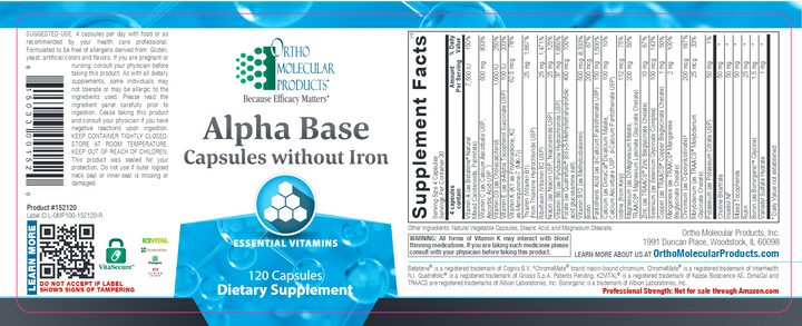 Alpha Base Capsules without Iron 120 by Ortho Molecular Products Label