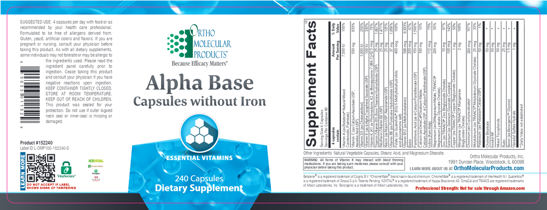 Alpha Base Capsules without Iron 240 by Ortho Molecular Products Label