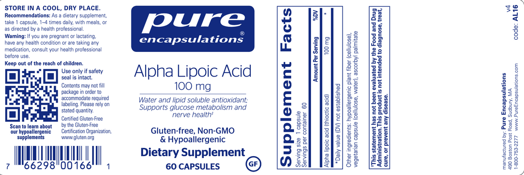 Alpha Lipoic Acid 100mg 60 Capsules by Pure Encapsulations Label