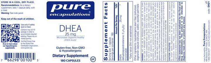 DHEA (micronized) 25 mg 180 capsules by Pure Encapsulations Label