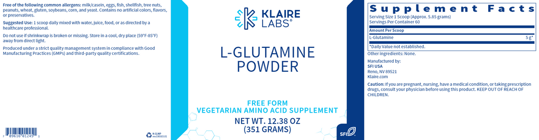 L-Glutamine 351 Grams by Klaire Labs Label