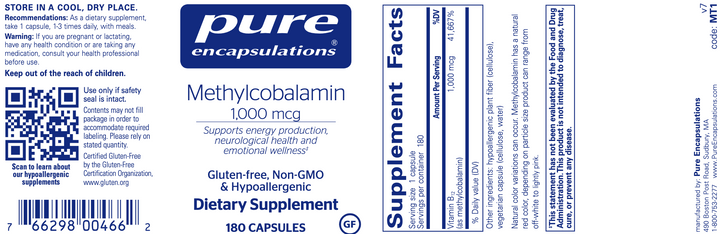 Methylcobalamin 180 Capsules by Pure Encapsulations Label