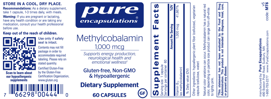 Methylcobalamin 60 Capsules by Pure Encapsulations Label