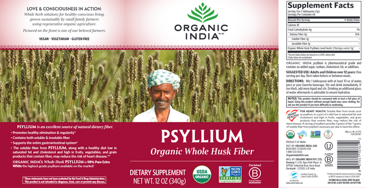 Organic Whole Husk Psyllium 12 ounces by Organic India Label